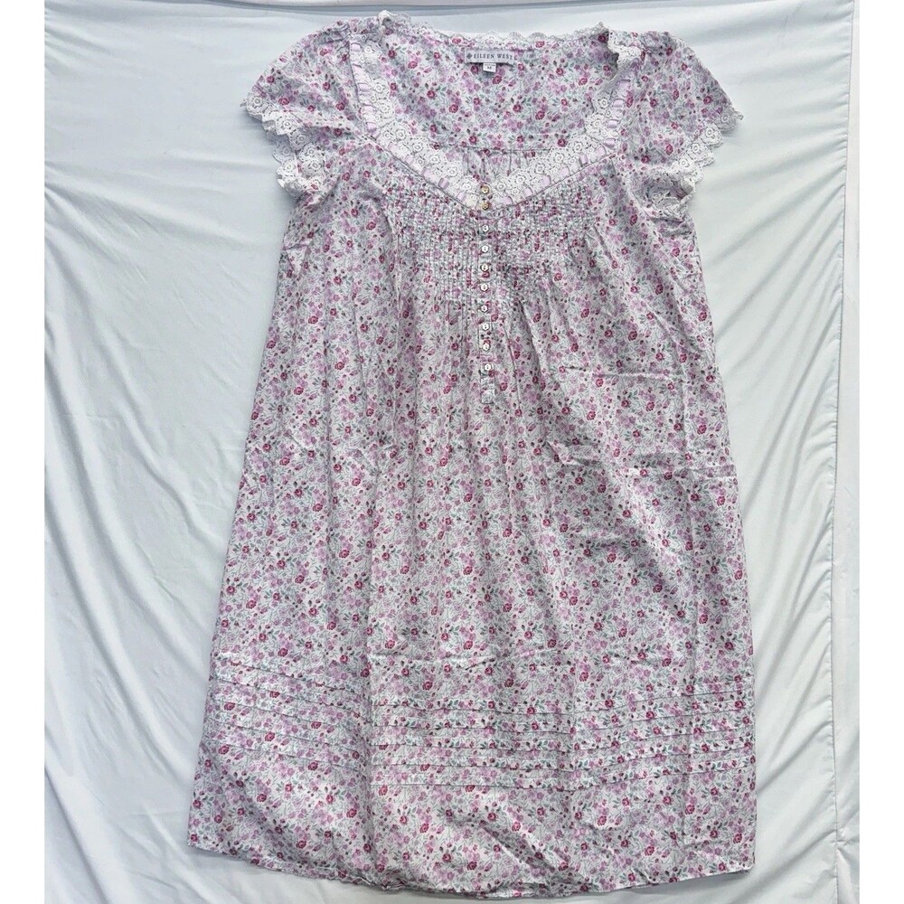 Eileen West Women’s Floral Cotton Nightgown M Pink White Lace Pintuck Button